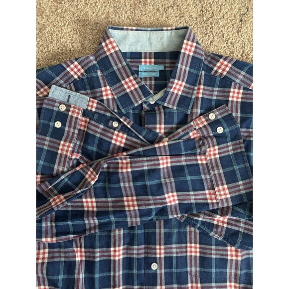 J. McLaughlin Mens‎ Large Trim Fit Casual Button Up Shirt Plaid Preppy Red Blue - Picture 2 of 7
